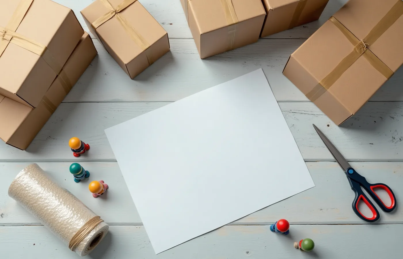 Arbeitstisch im Lager von Spielfigurtraum mit Sammelfiguren und Verpackungsmaterial